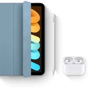 iPad mini vist med Smart Folio, Apple Pencil Pro og Air Pods Pro