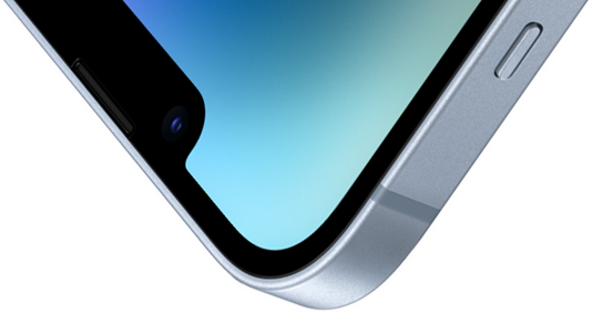 Øvre venstre hjørne på en iPhone 14 med Ceramic Shield på forsiden.